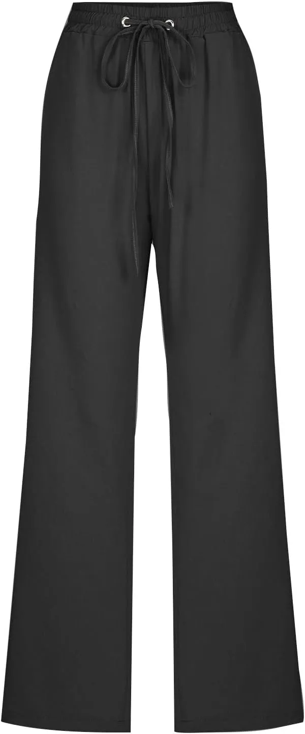 Summer Womens Linen Long Pants Wide Leg Palazzo Pants High Waisted Solid Color Lounge Trousers with Pockets