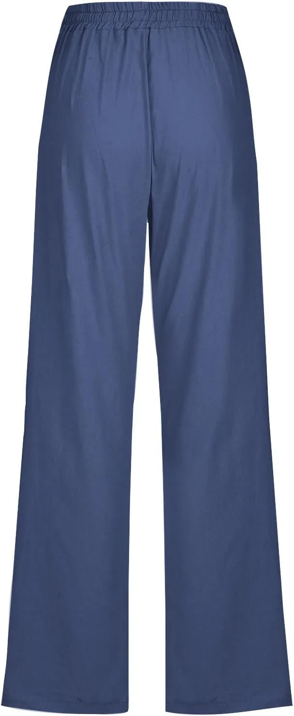 Summer Womens Linen Long Pants Wide Leg Palazzo Pants High Waisted Solid Color Lounge Trousers with Pockets