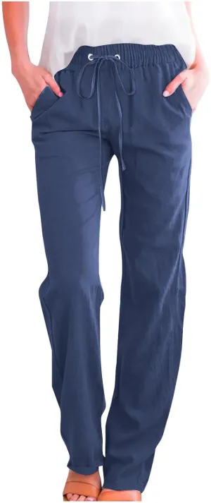 Summer Womens Linen Long Pants Wide Leg Palazzo Pants High Waisted Solid Color Lounge Trousers with Pockets