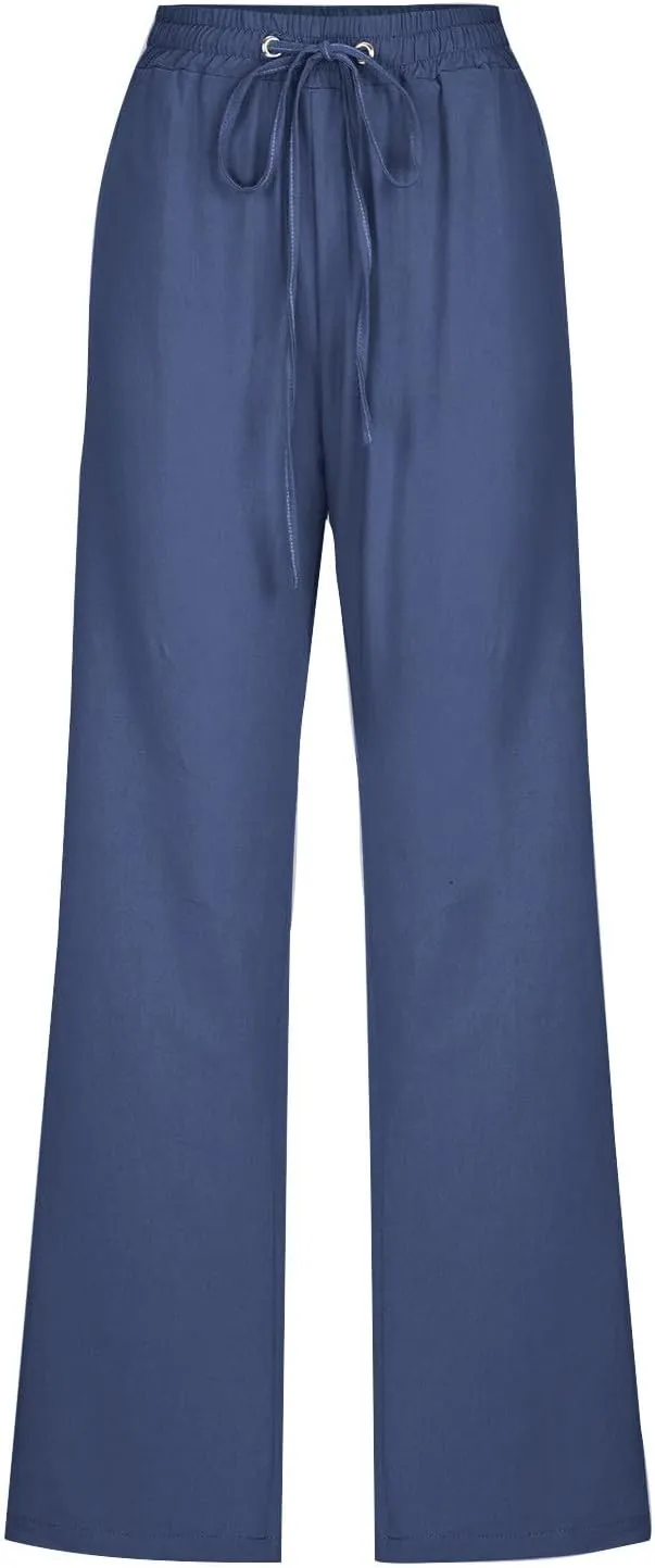 Summer Womens Linen Long Pants Wide Leg Palazzo Pants High Waisted Solid Color Lounge Trousers with Pockets