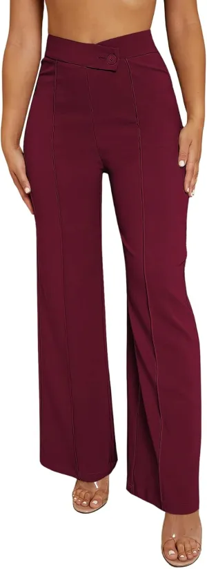 SweatyRocks Women's Overlap Waist Seam Front Palazzo Wide Leg Pants High Waist Long Pant Casual Trousers