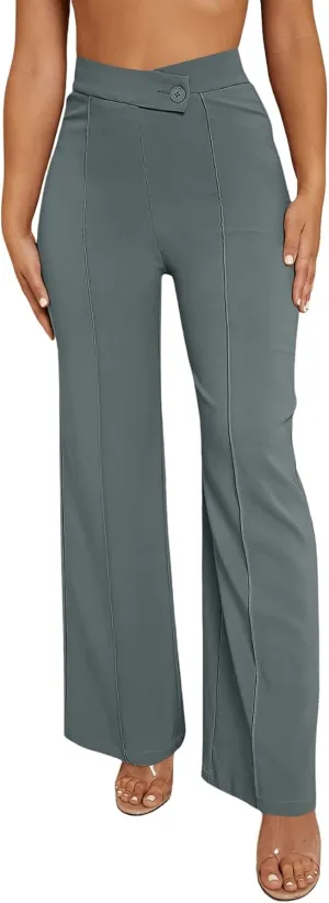 SweatyRocks Women's Overlap Waist Seam Front Palazzo Wide Leg Pants High Waist Long Pant Casual Trousers