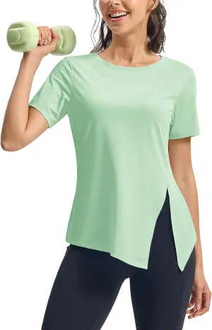 TBMPOY Women's Short Sleeve Workout Tops T-Shirts Breathable Quick Dry UPF 30  Athletic Exercise Tee Shirts with Side Slits
