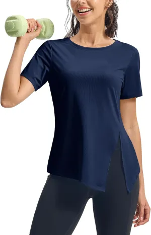TBMPOY Women's Short Sleeve Workout Tops T-Shirts Breathable Quick Dry UPF 30  Athletic Exercise Tee Shirts with Side Slits