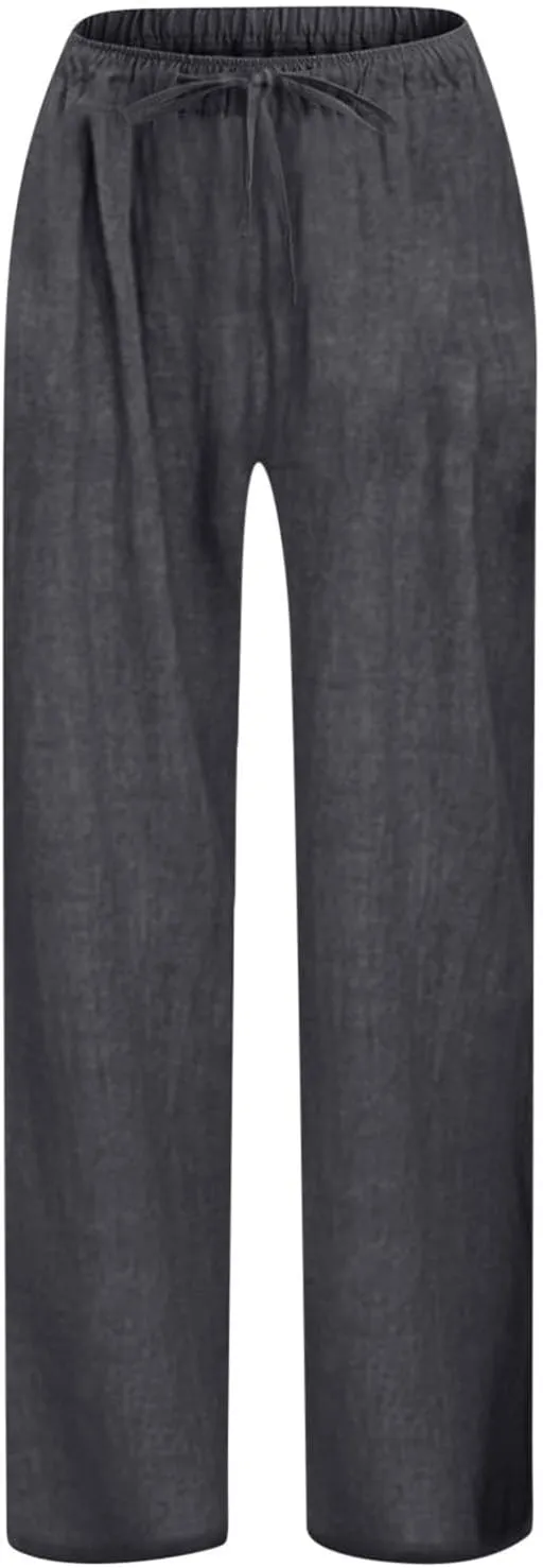 Teen Girls Casual Cotton Linen Pants Lightweight Summer Wide Leg Pant Loose Elastic Waist Plus Size Lounge Long Trousers