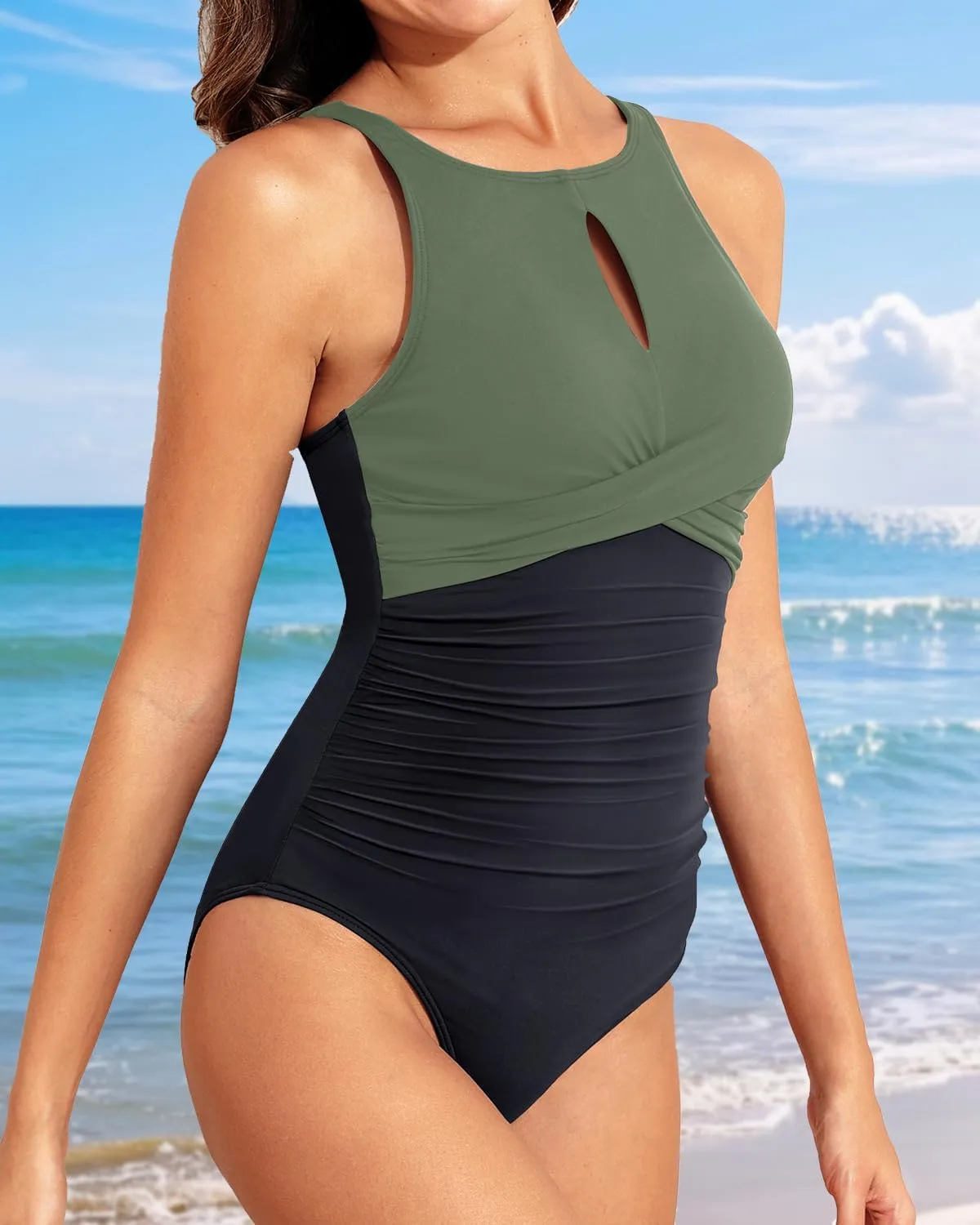 Tempt Me Women One Piece Swimsuits Tummy Control Bathing Suits High Neck Cutout Twist Front Swimwear