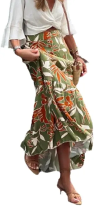THLAI Womens Maxi Floral Pleated Elegent Skirt Tiered Summer Daily Skirt