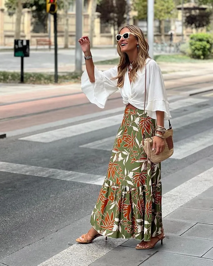 THLAI Womens Maxi Floral Pleated Elegent Skirt Tiered Summer Daily Skirt