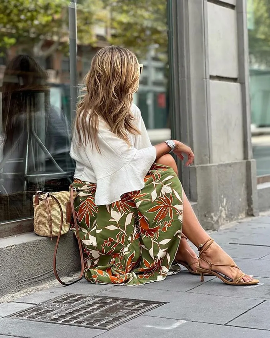 THLAI Womens Maxi Floral Pleated Elegent Skirt Tiered Summer Daily Skirt