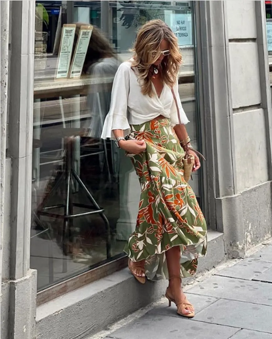 THLAI Womens Maxi Floral Pleated Elegent Skirt Tiered Summer Daily Skirt