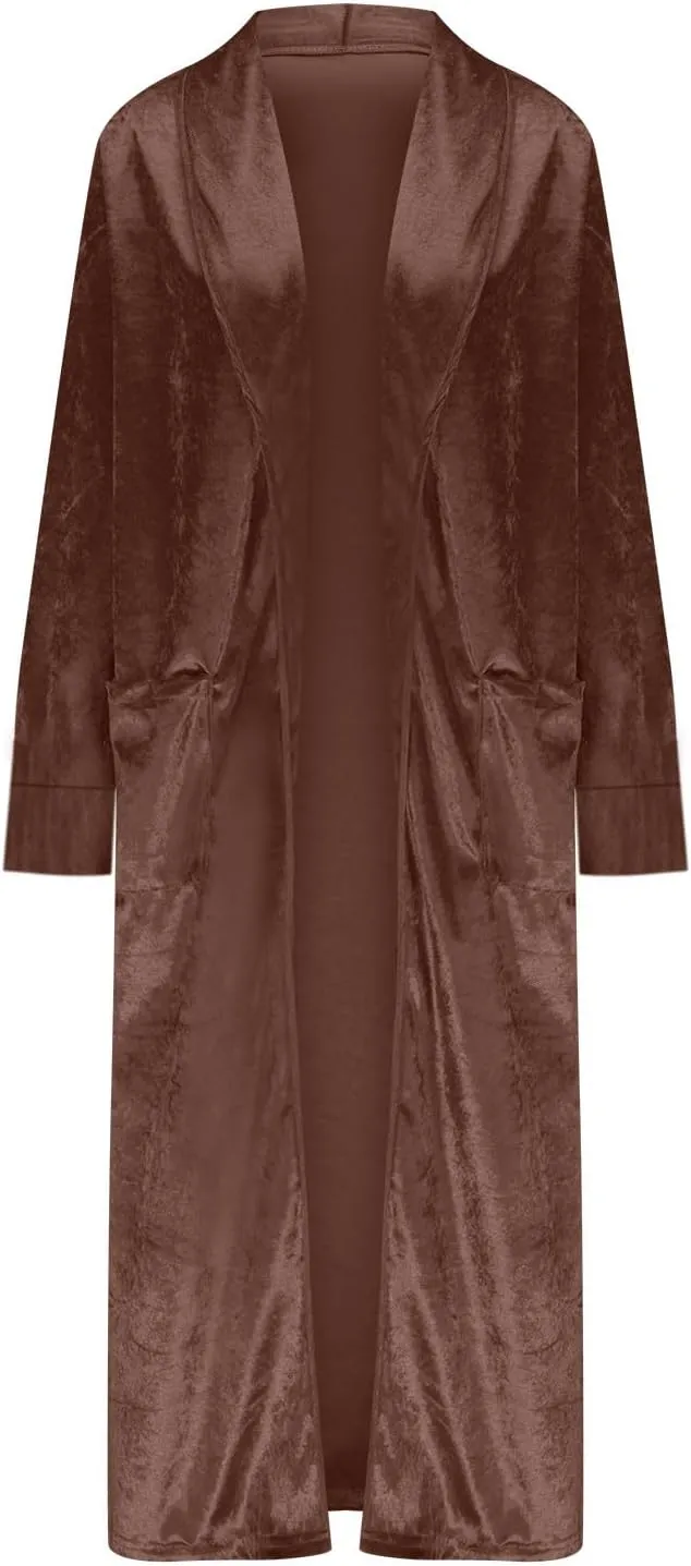 TIMIFIS Velvet Trench Coat Women Plus Size Winter Jackets Fashion Lightweight Jacket Open Front Long Cardigan with Pocket