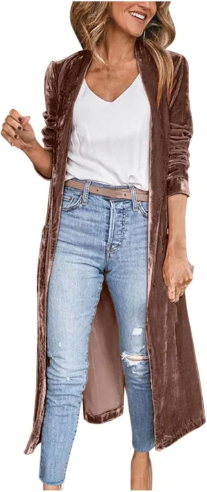 TIMIFIS Velvet Trench Coat Women Plus Size Winter Jackets Fashion Lightweight Jacket Open Front Long Cardigan with Pocket