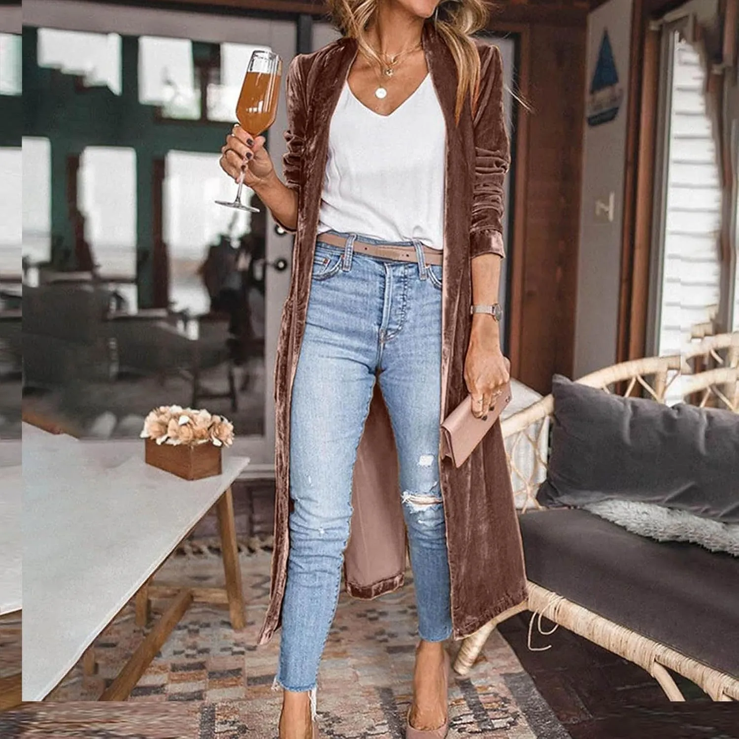 TIMIFIS Velvet Trench Coat Women Plus Size Winter Jackets Fashion Lightweight Jacket Open Front Long Cardigan with Pocket