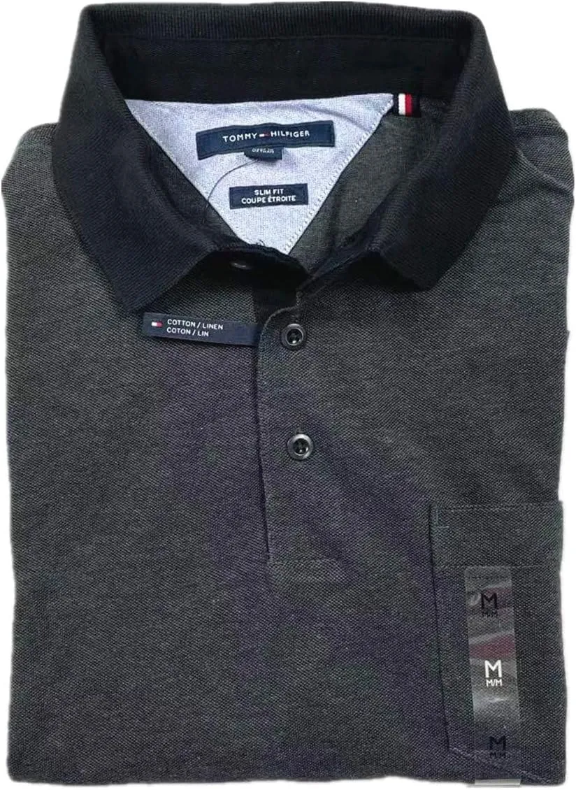 Tommy Hilfiger Men's Slim Fit Linen-Cotton Pocket Mesh Polo Shirt (Black/Iron (Slim Fit), 2XL), XX-Large, Charcoal Heather
