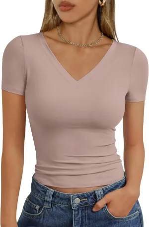 Trendy Queen Womens Basic V Neck Short Sleeve T Shirts Slim Fit Crop Y2k Tee 2025 Summer Cute Gym Fashion Clothes
