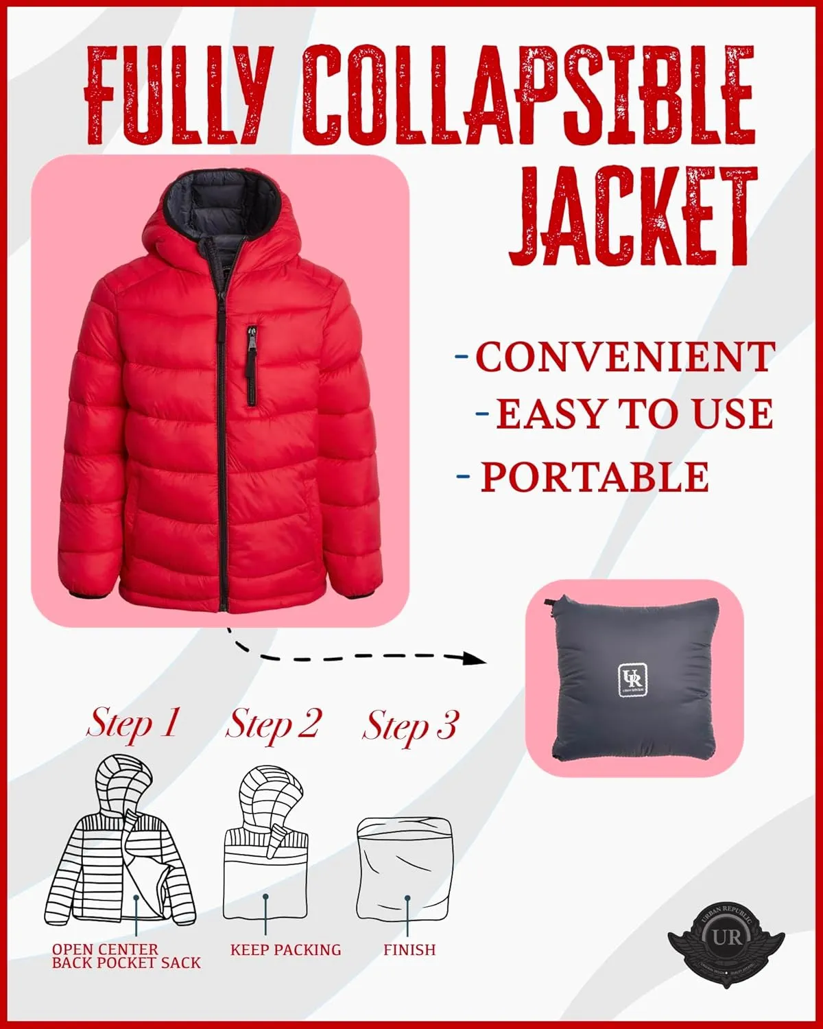 URBAN REPUBLIC Boys Foldable Hooded Jacket  Insulated Weather Resistant Bubble Puffer Windbreaker Coat for Boys Sizes 4-20