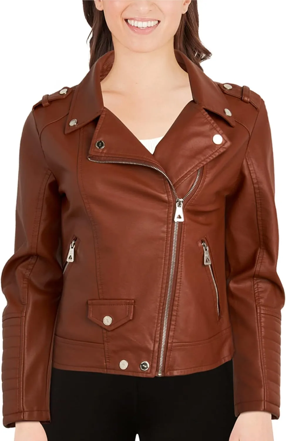 URBAN REPUBLIC Women's Leather Jackets, Faux Motorcycle Moto Biker Coat Short Lightweight Vegan Pleather Fashion
