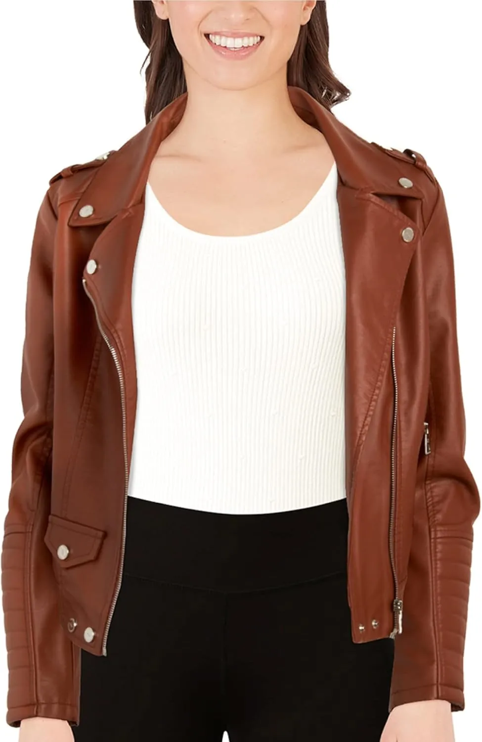 URBAN REPUBLIC Women's Leather Jackets, Faux Motorcycle Moto Biker Coat Short Lightweight Vegan Pleather Fashion