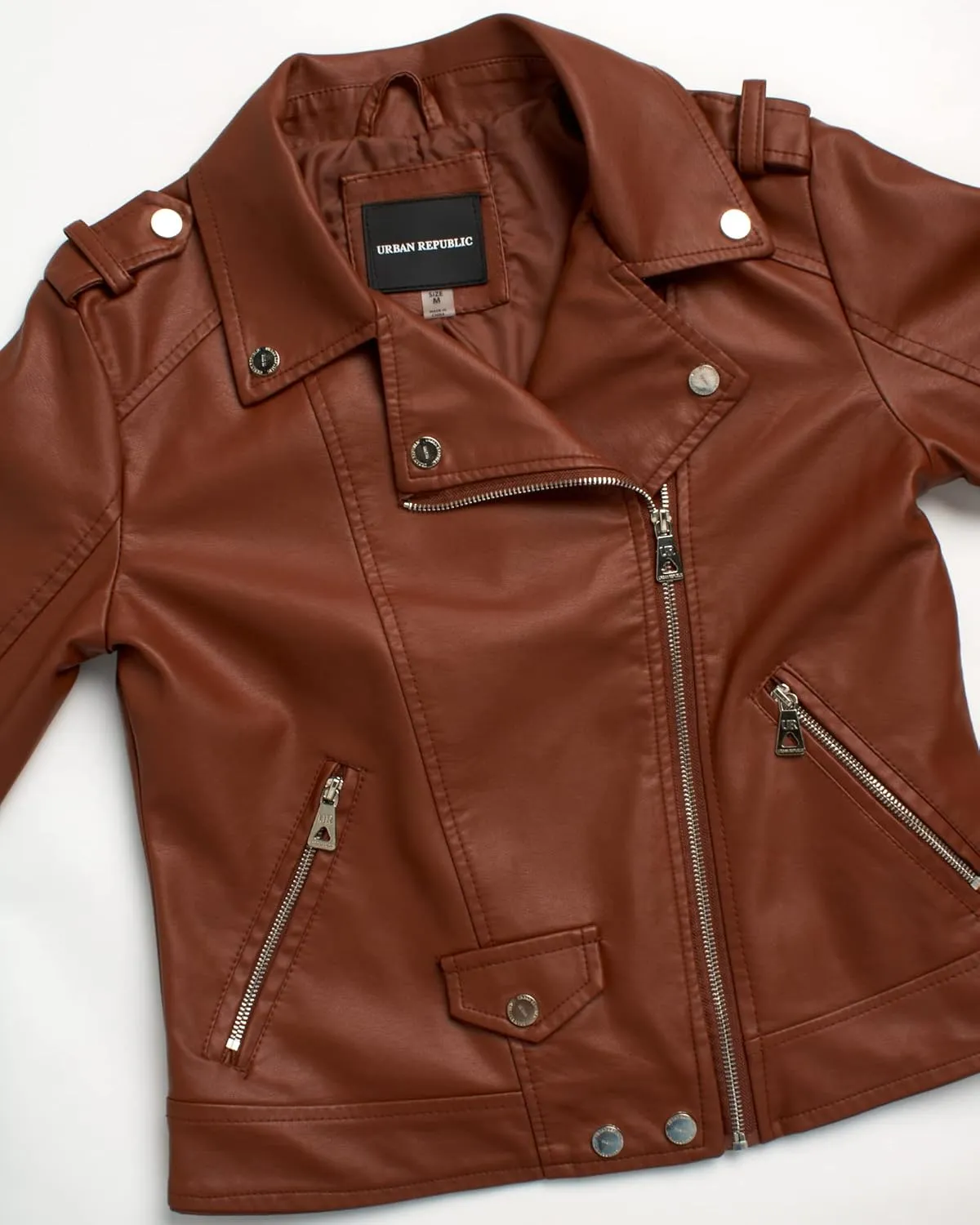 URBAN REPUBLIC Women's Leather Jackets, Faux Motorcycle Moto Biker Coat Short Lightweight Vegan Pleather Fashion