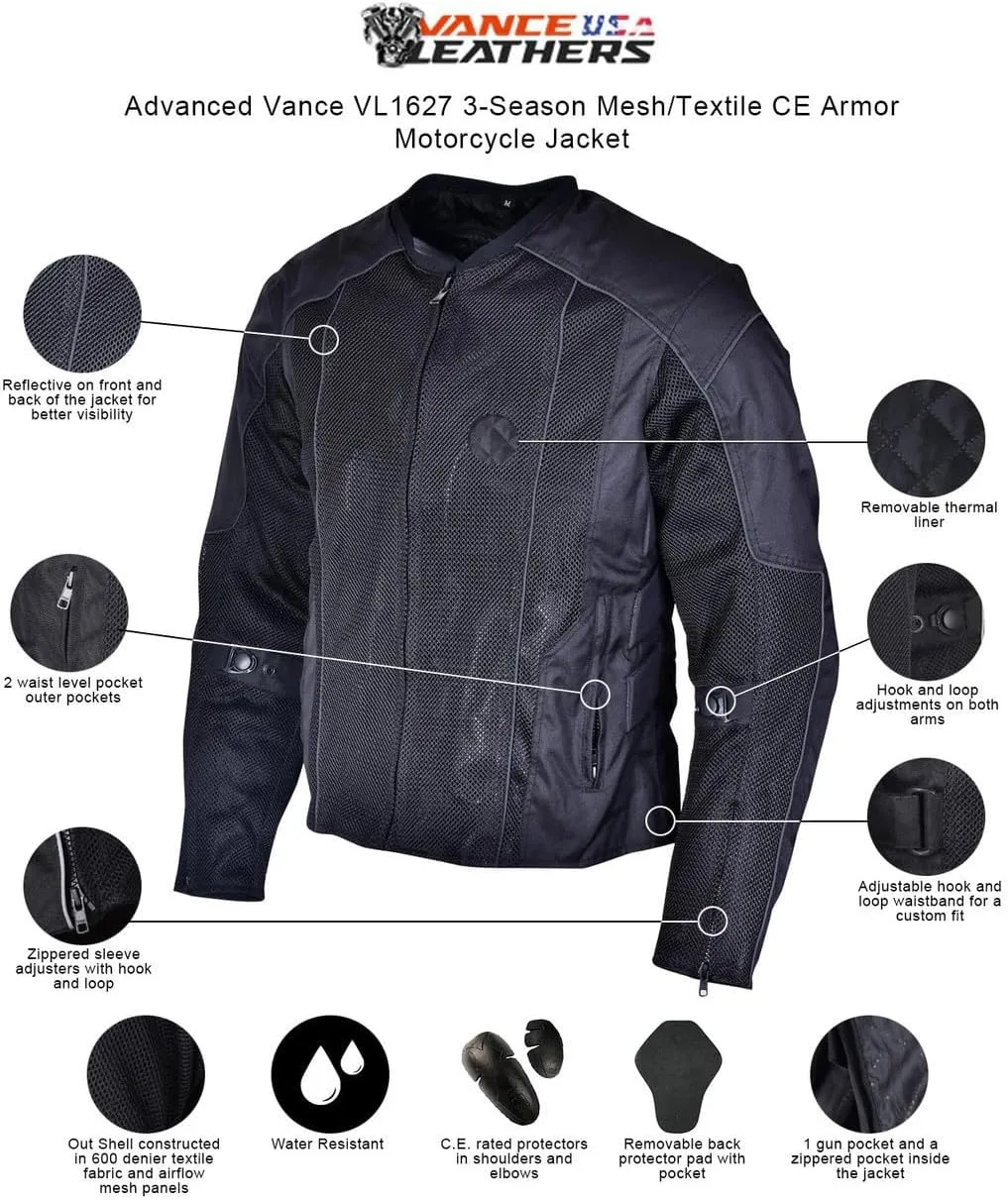 Vance Leather Mens All-Season Reflective Mesh & Textile Motorcycle Jacket w/CE Armor & Removable Liner