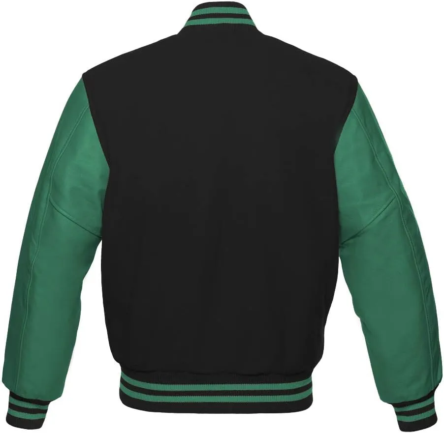 Varsity Jacket Baseball Letterman Bomber School Collage Black Wool and Genuine Green Leather Sleeves
