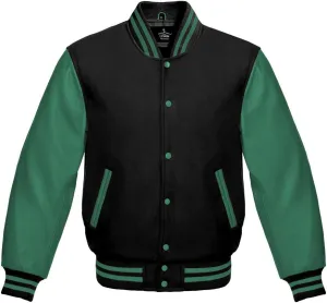 Varsity Jacket Baseball Letterman Bomber School Collage Black Wool and Genuine Green Leather Sleeves