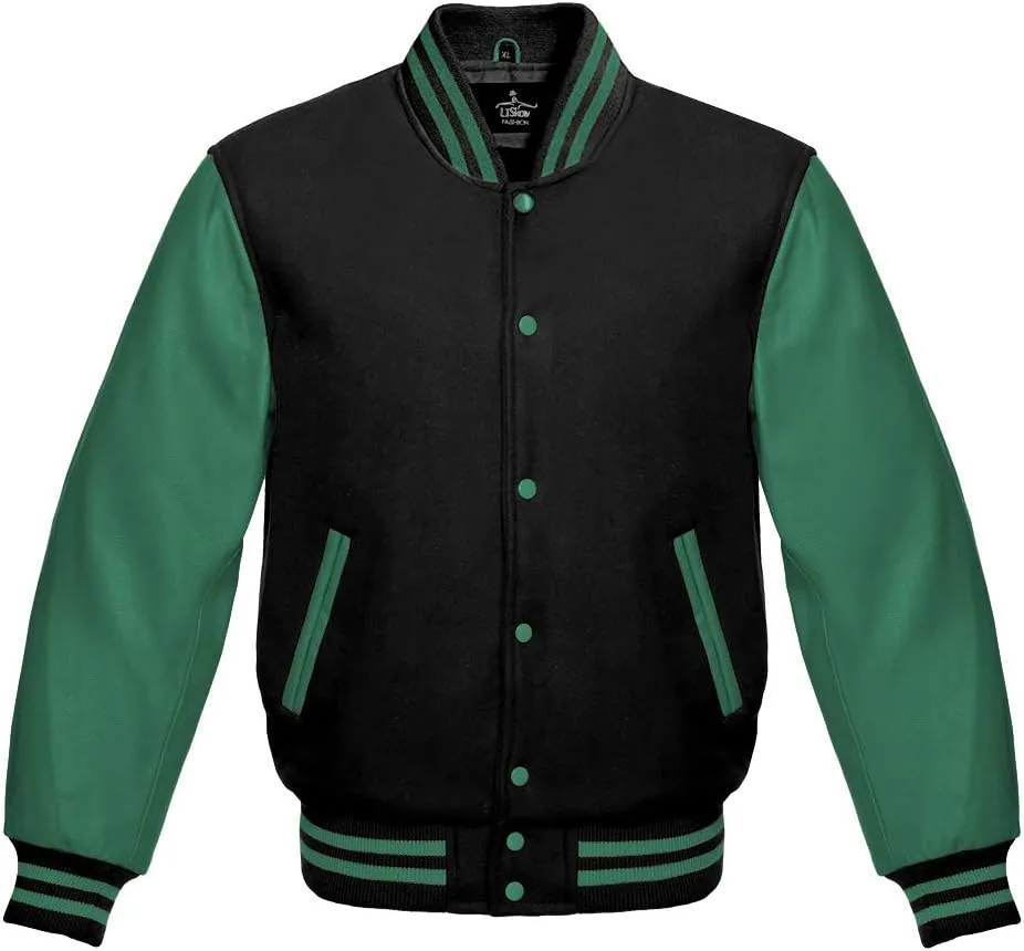 Varsity Jacket Baseball Letterman Bomber School Collage Black Wool and Genuine Green Leather Sleeves