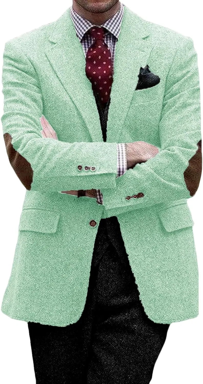 VENNYNG Mens Suit Jacket Single Breasted Vintage Short Trench Coat Blazer with Brown Elbow Patches