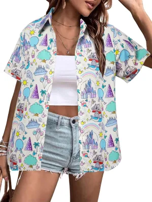 VILOVE Magical Shirt for Women Magic Hawaiian Shirts Princess Tshirt Funny Castle Graphic Family Vacation Button Up Tops