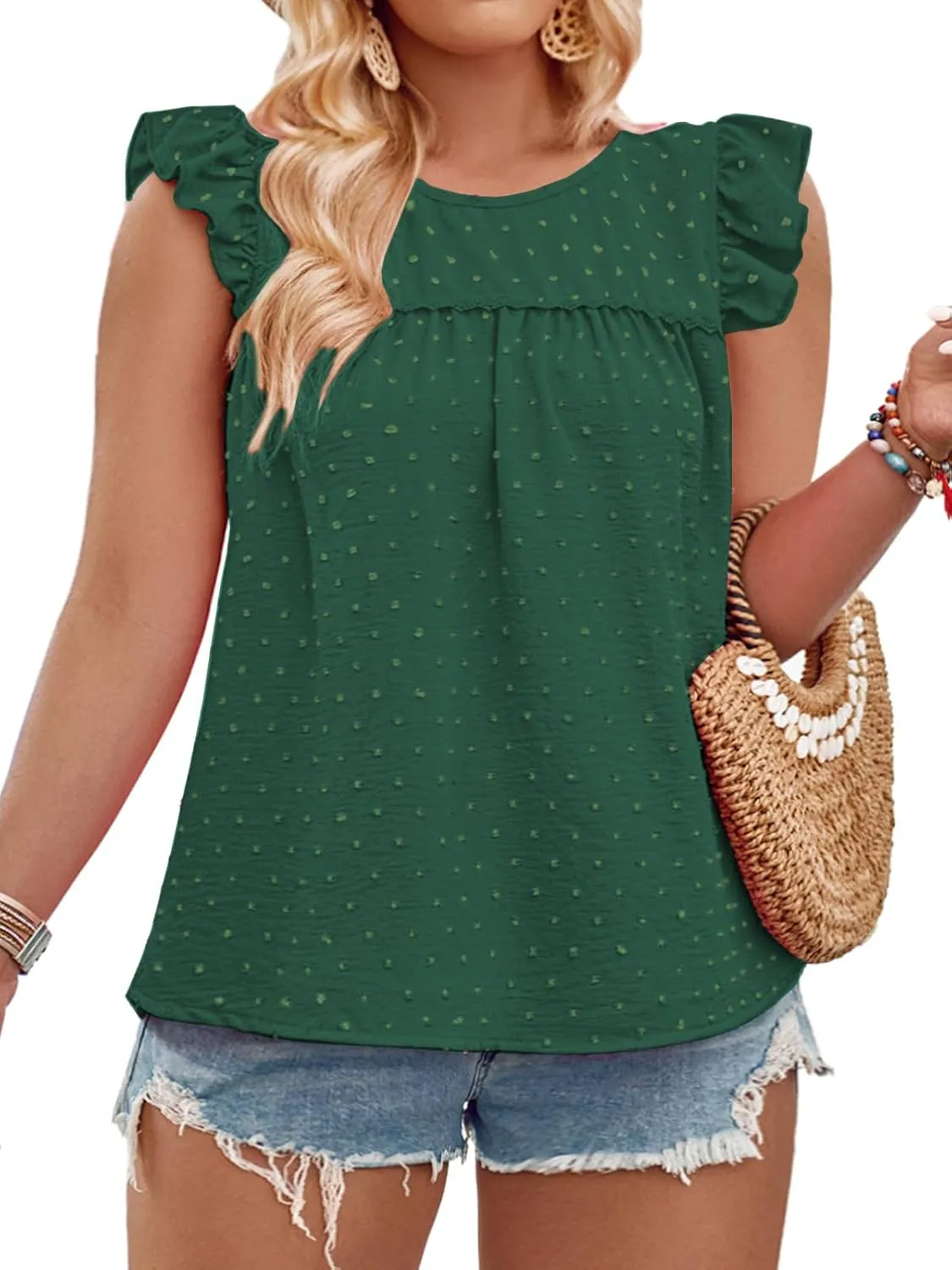 VISLILY Womens-Plus-Size-Summer-Tank-Tops Ruffle Cap Sleeveless T Shirts Crewneck Swiss Dot Blouses Pleated Casual Tee