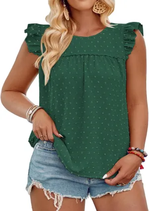 VISLILY Womens-Plus-Size-Summer-Tank-Tops Ruffle Cap Sleeveless T Shirts Crewneck Swiss Dot Blouses Pleated Casual Tee