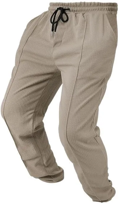 Waffle Pants for Men Plus Size Drawstring Elastic Waist Trousers with Pockets Summer Loose Lightweight Beach Pant