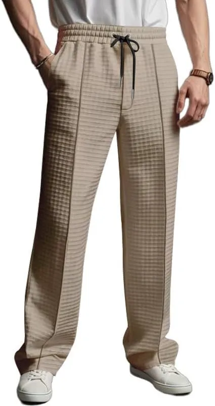 Waffle Pants for Men Plus Size Drawstring Elastic Waist Trousers with Pockets Summer Loose Lightweight Beach Pant