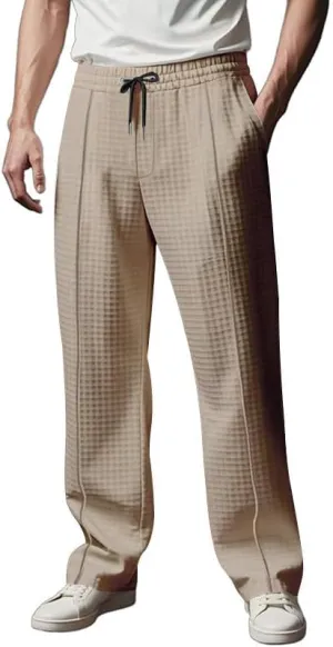 Waffle Pants for Men Plus Size Drawstring Elastic Waist Trousers with Pockets Summer Loose Lightweight Beach Pant