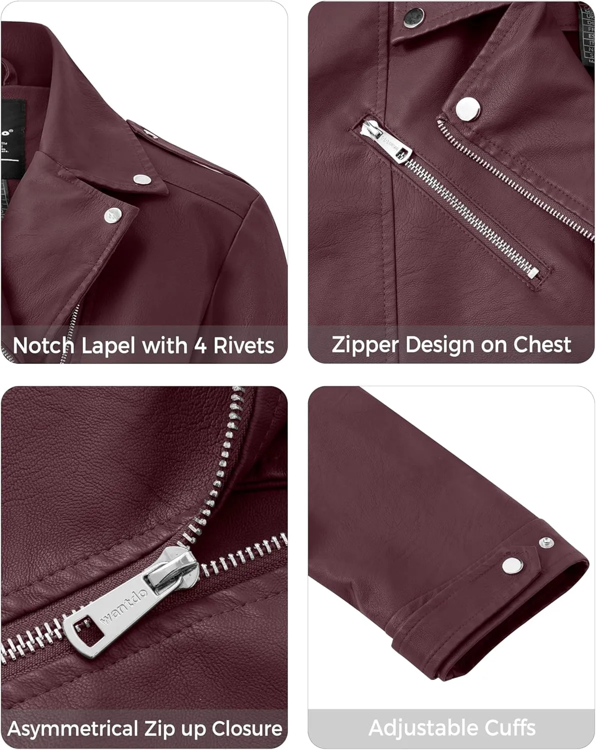 wantdo Women's Plus Size Faux Leather Jacket Lapel Collar Moto Biker Short Coat Jacket