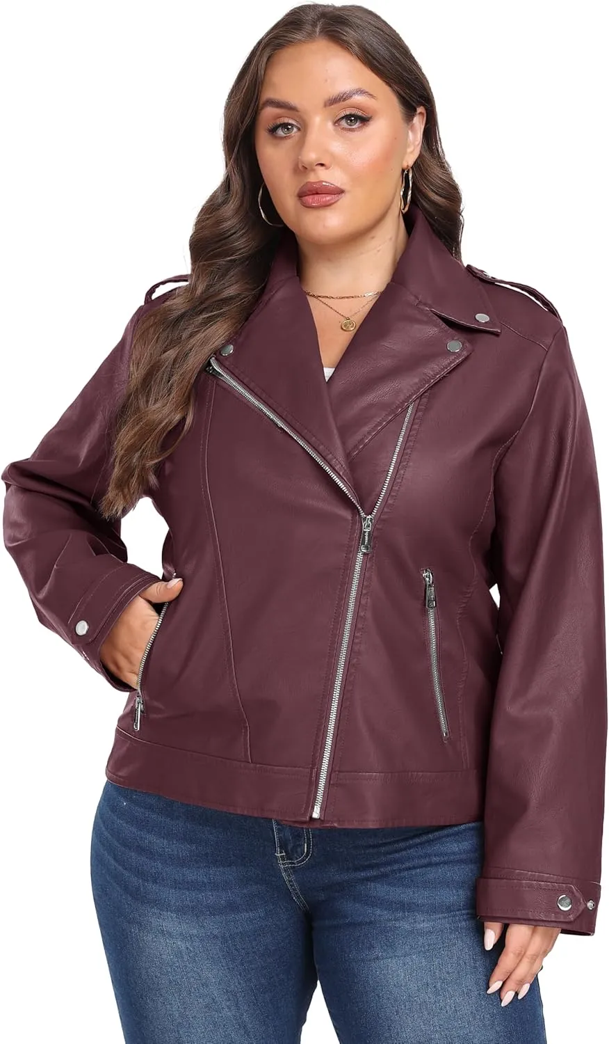 wantdo Women's Plus Size Faux Leather Jacket Lapel Collar Moto Biker Short Coat Jacket