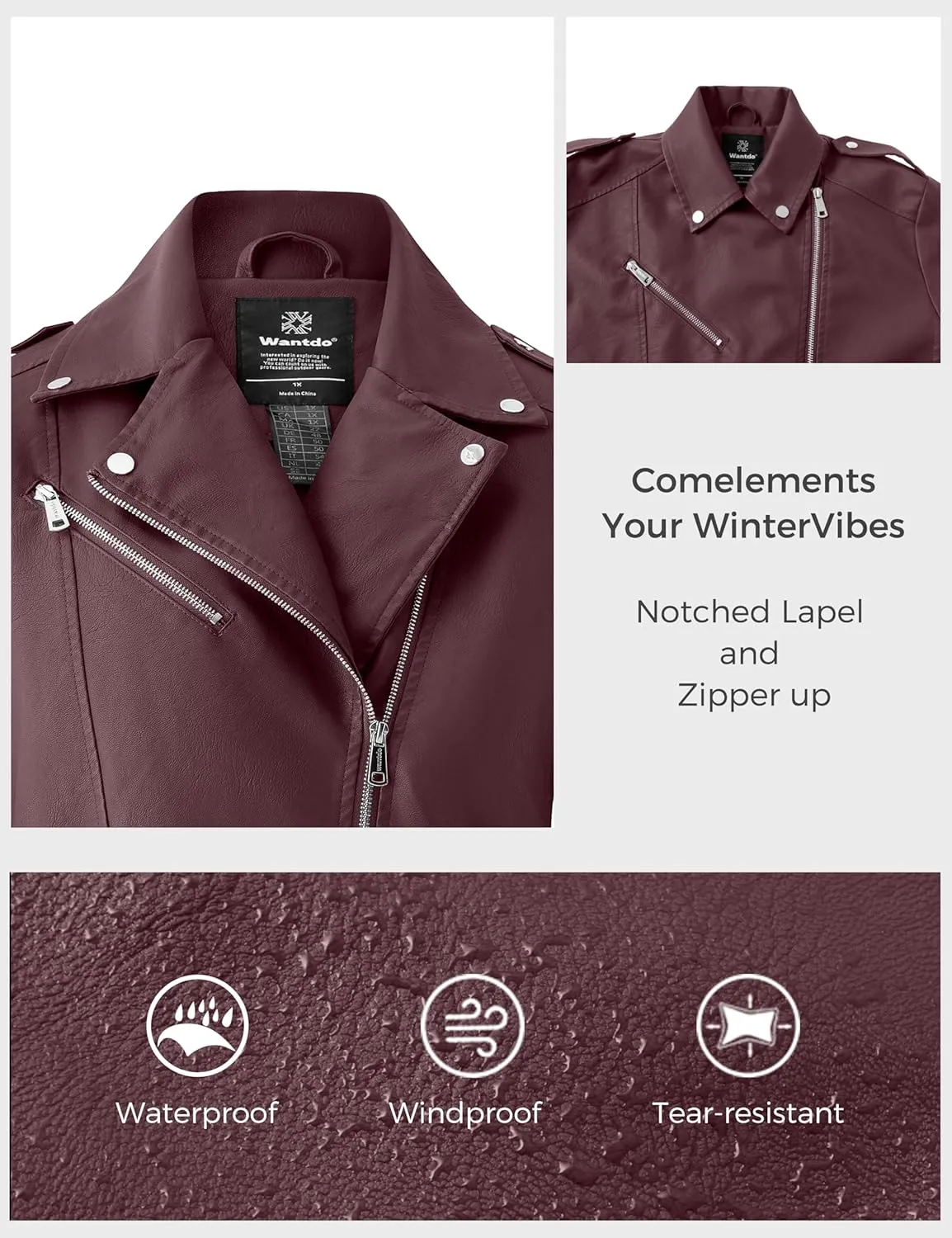 wantdo Women's Plus Size Faux Leather Jacket Lapel Collar Moto Biker Short Coat Jacket