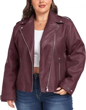 wantdo Women's Plus Size Faux Leather Jacket Lapel Collar Moto Biker Short Coat Jacket