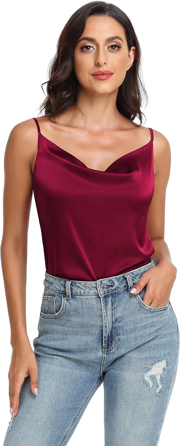 Wantschun Women's Cowl Neck Camisole Silk Satin Adjustable Spaghetti Strap Tank Top Cami Blouse S-3XL