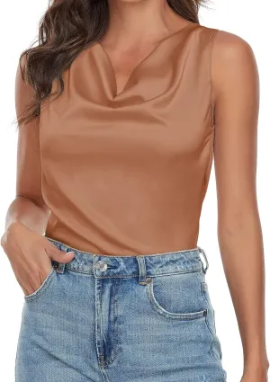 Wantschun Women's Cowl Neck Camisole Silk Satin Adjustable Spaghetti Strap Tank Top Cami Blouse S-3XL