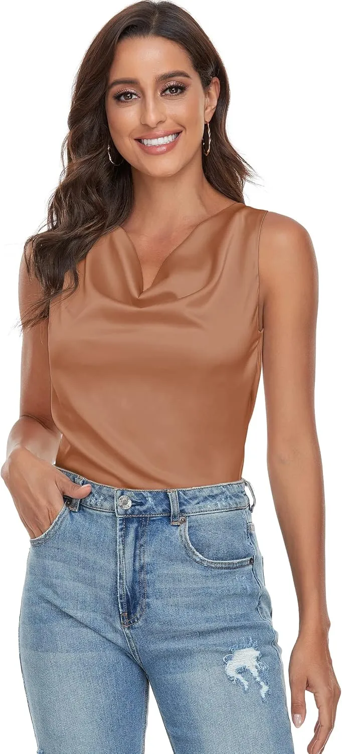 Wantschun Women's Cowl Neck Camisole Silk Satin Adjustable Spaghetti Strap Tank Top Cami Blouse S-3XL