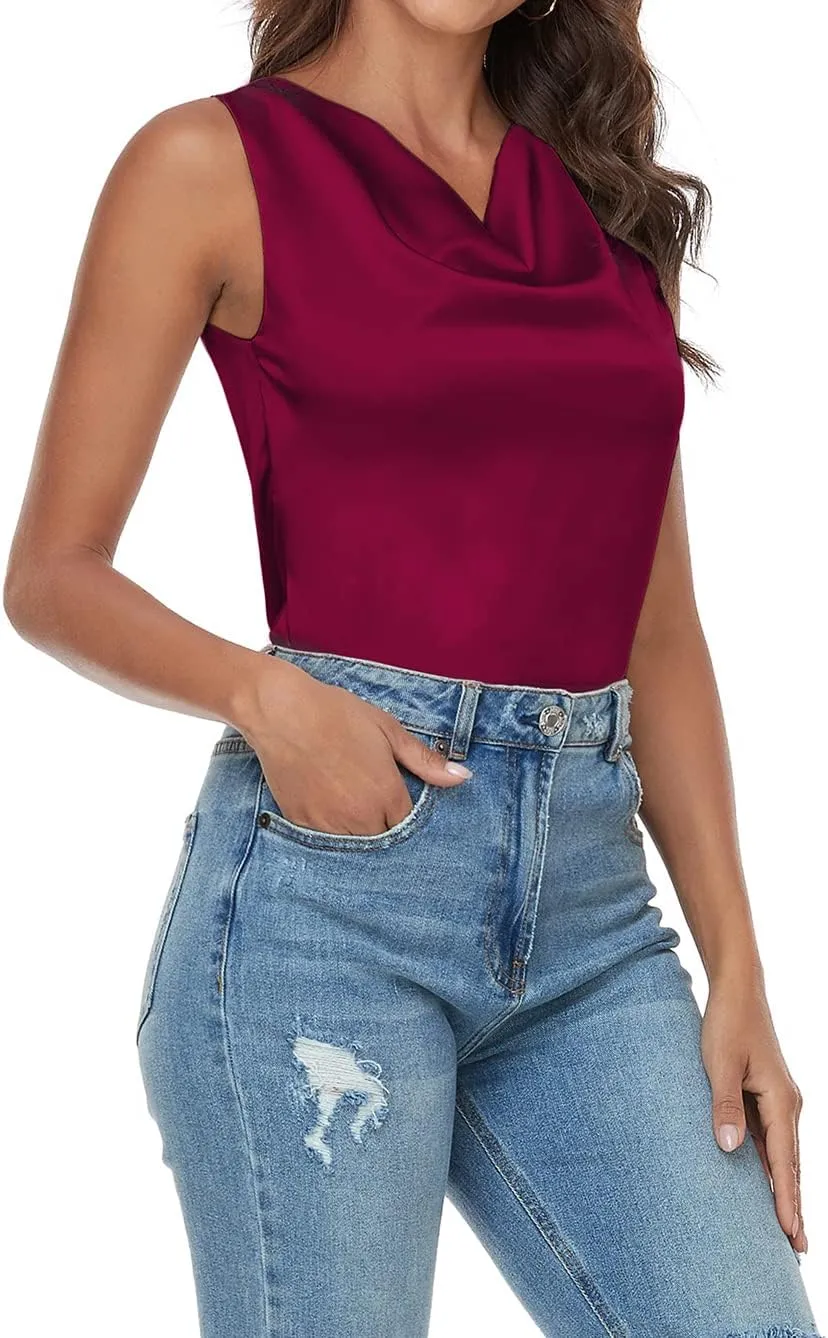 Wantschun Women's Cowl Neck Camisole Silk Satin Adjustable Spaghetti Strap Tank Top Cami Blouse S-3XL