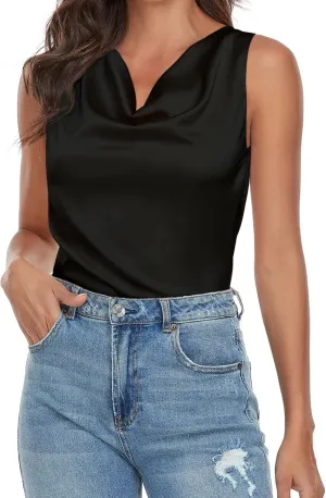 Wantschun Women's Cowl Neck Camisole Silk Satin Adjustable Spaghetti Strap Tank Top Cami Blouse S-3XL