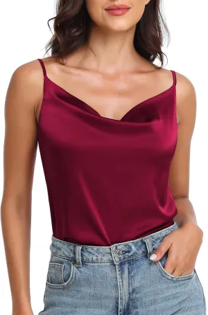 Wantschun Women's Cowl Neck Camisole Silk Satin Adjustable Spaghetti Strap Tank Top Cami Blouse S-3XL