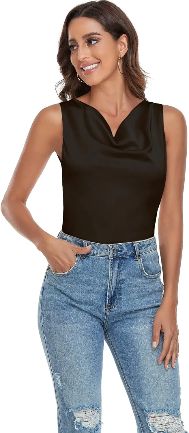 Wantschun Women's Cowl Neck Camisole Silk Satin Adjustable Spaghetti Strap Tank Top Cami Blouse S-3XL