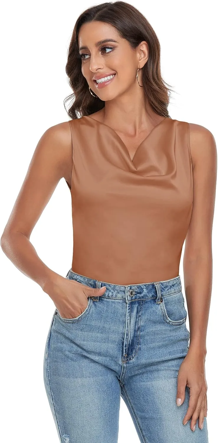 Wantschun Women's Cowl Neck Camisole Silk Satin Adjustable Spaghetti Strap Tank Top Cami Blouse S-3XL