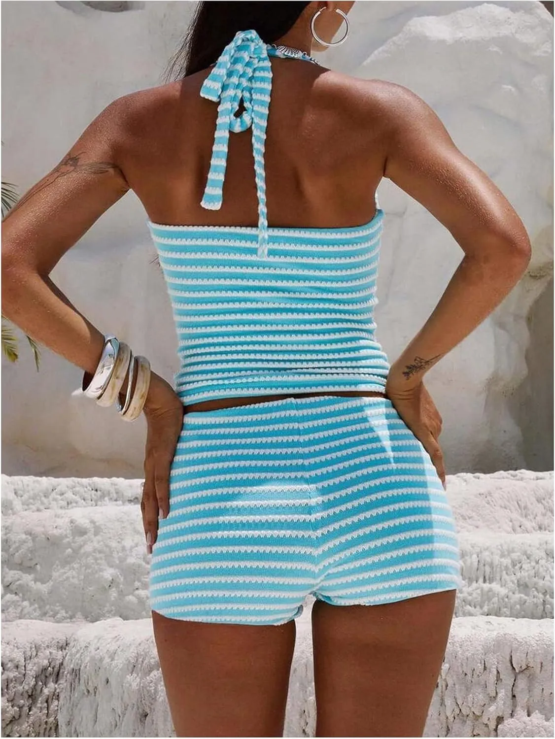 WDIRARA Women's Shorts Sets Summer 2 Piece Outfits Striped Sleeveless Halter Tank Tops Booty Shorts Beach Vacation Clothes