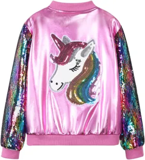WELAKEN Uniocrn Bomber Jacket With Sparkly Sleeve For Girls, Toddler & Kids Sequin Lightweight Flight Jacket