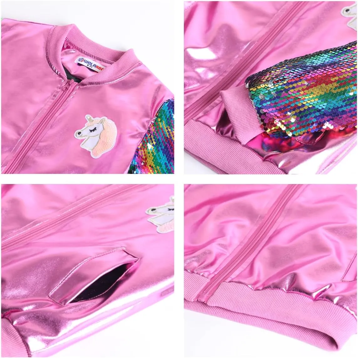 WELAKEN Uniocrn Bomber Jacket With Sparkly Sleeve For Girls, Toddler & Kids Sequin Lightweight Flight Jacket