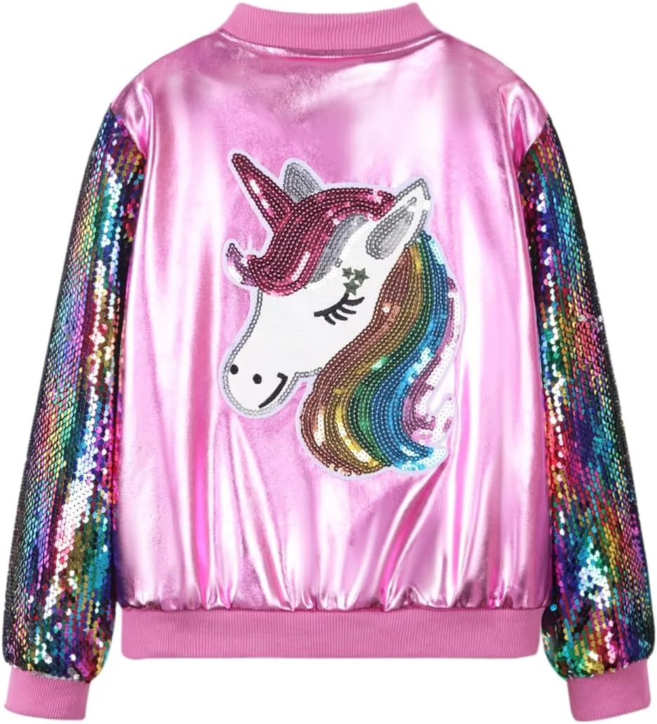 WELAKEN Uniocrn Bomber Jacket With Sparkly Sleeve For Girls, Toddler & Kids Sequin Lightweight Flight Jacket